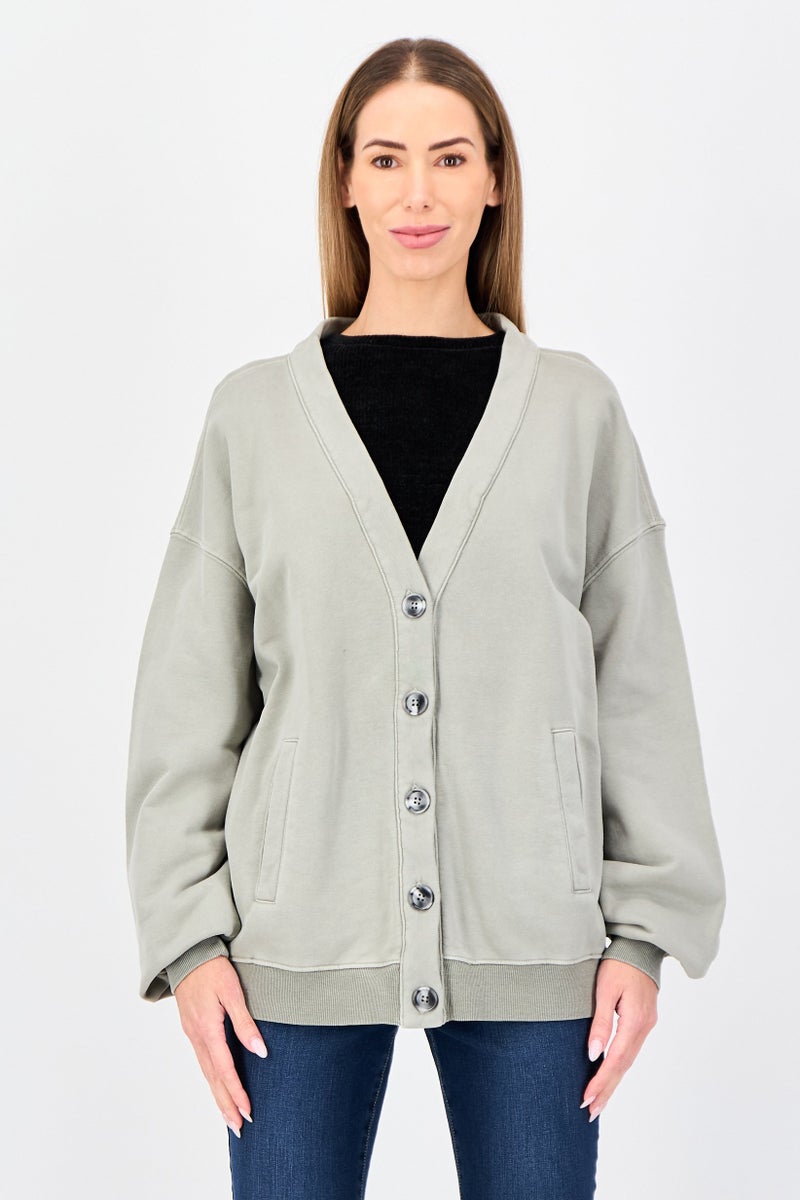 Lime Women V-Neck Solid Long Sleeve Sweatshirt, Sage Green - Image 1